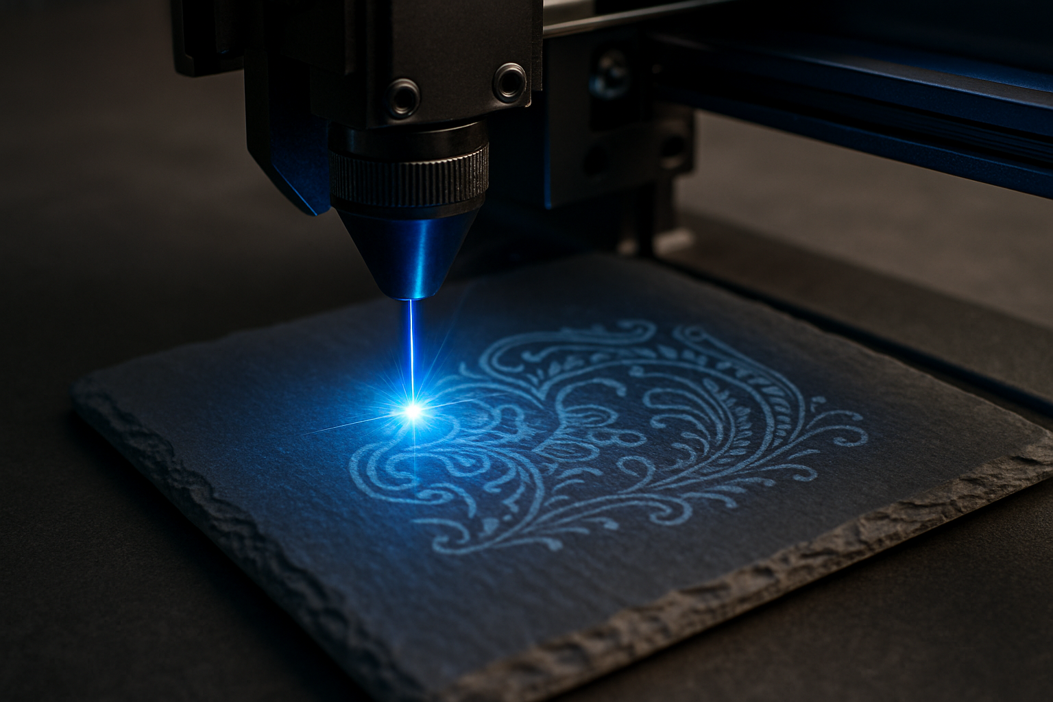Make the image more close up to the laser, make the laser blue